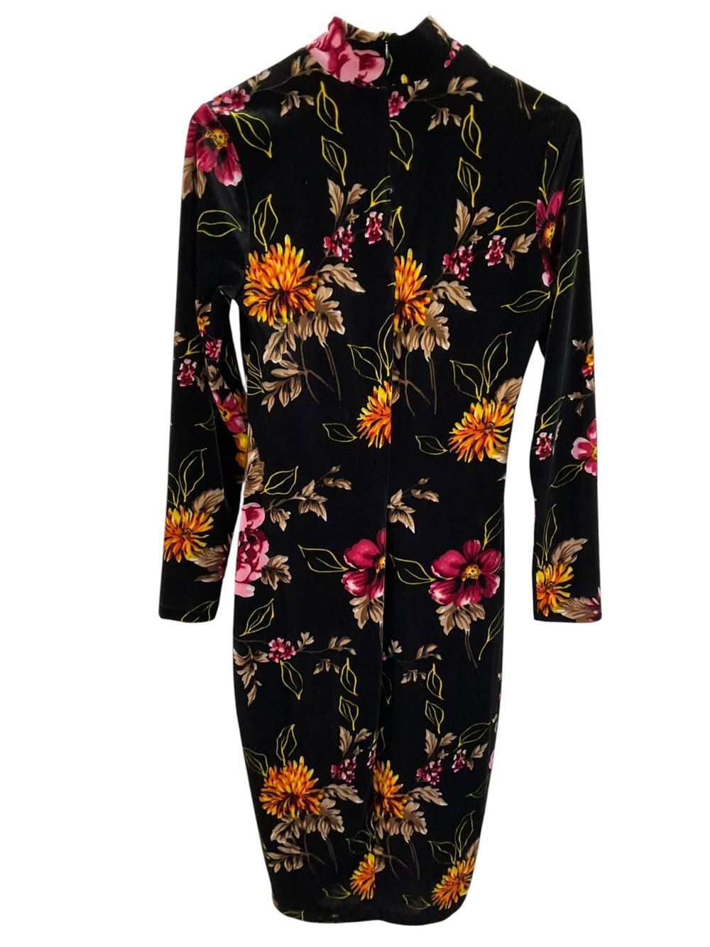 Venus Sz SM Black Velvet Bodycon Midi Dress Long Sleeve Mock Neck Floral Y2K - Picture 6 of 16